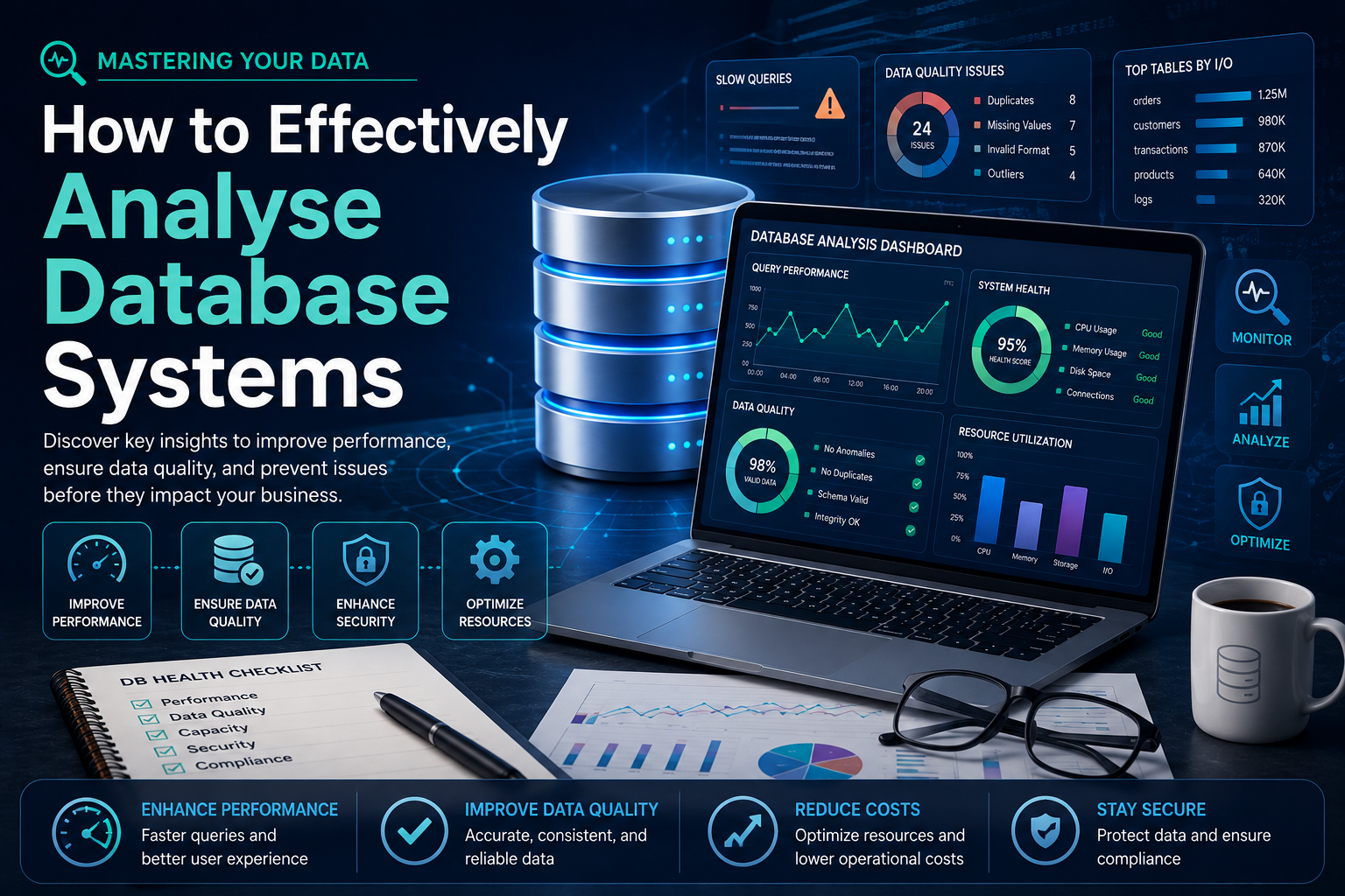 Analyse database systems with performance monitoring, data quality checks, security analysis, and resource optimization.