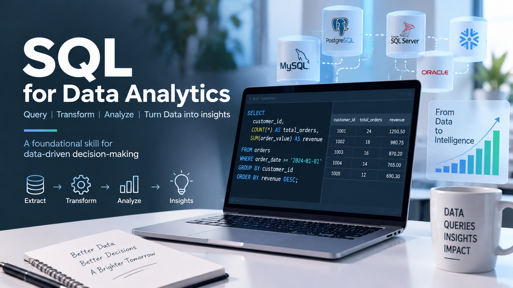 SQL for Data Analytics illustration showing SQL queries, database platforms, data transformation, analysis, and business insights