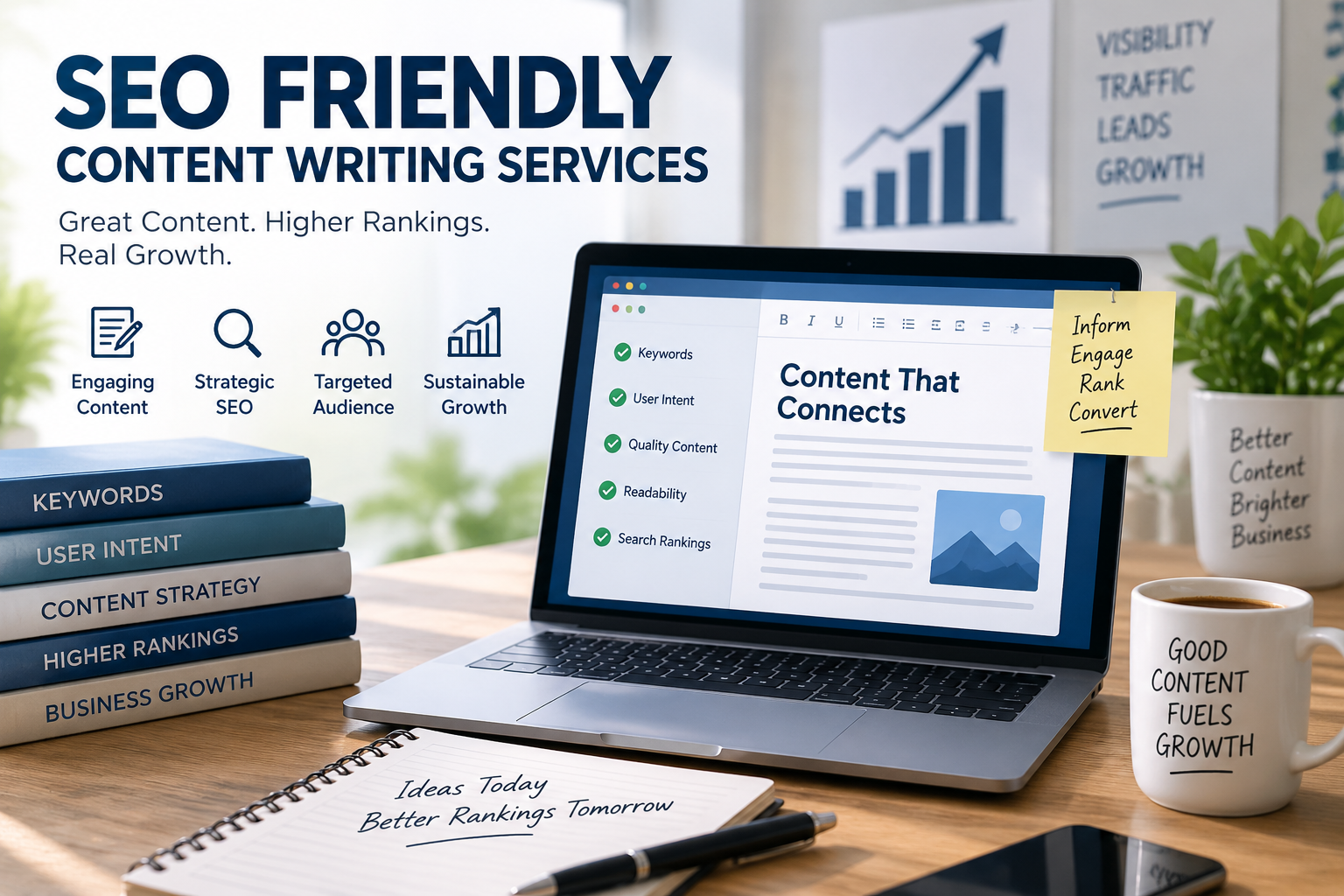 SEO friendly content writing services with keyword strategy, user intent, content optimization, and business growth.