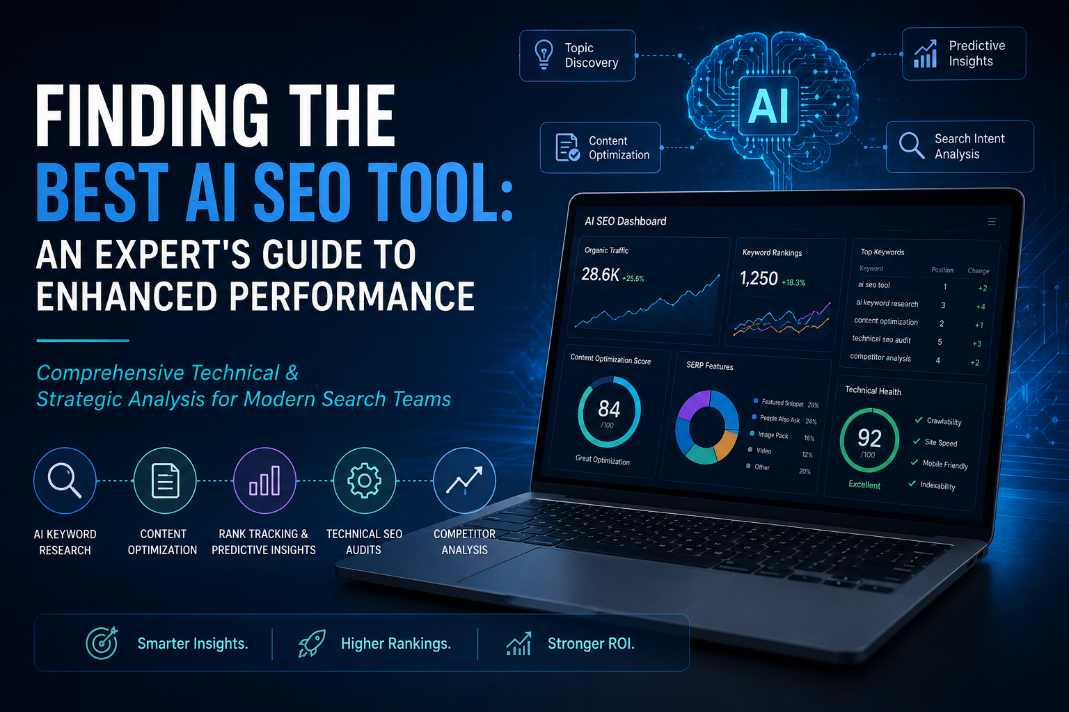 Best AI SEO tool dashboard showing keyword research, content optimization, rank tracking, and technical SEO analysis