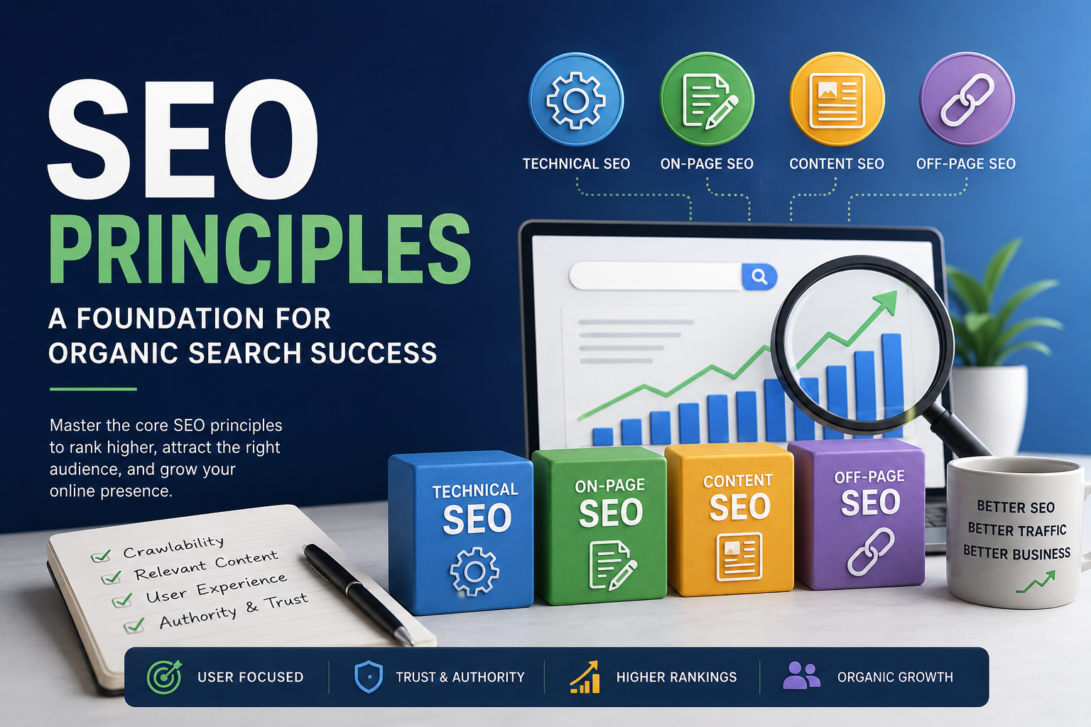 SEO principles for organic search success covering technical, on-page, content, and off-page SEO