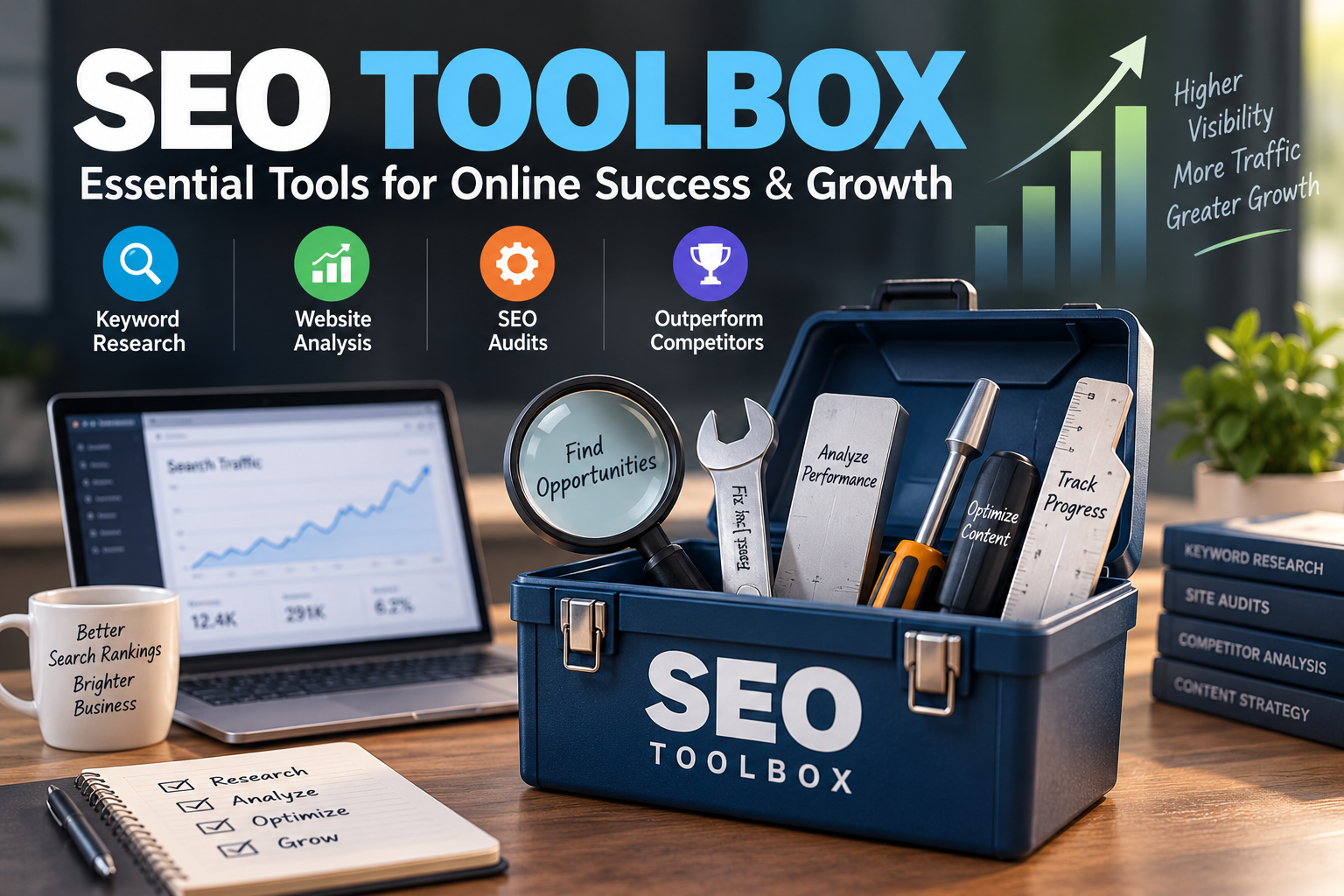 SEO toolbox featuring keyword research, website analysis, SEO audit, competitor analysis, and optimization tools for online growth.