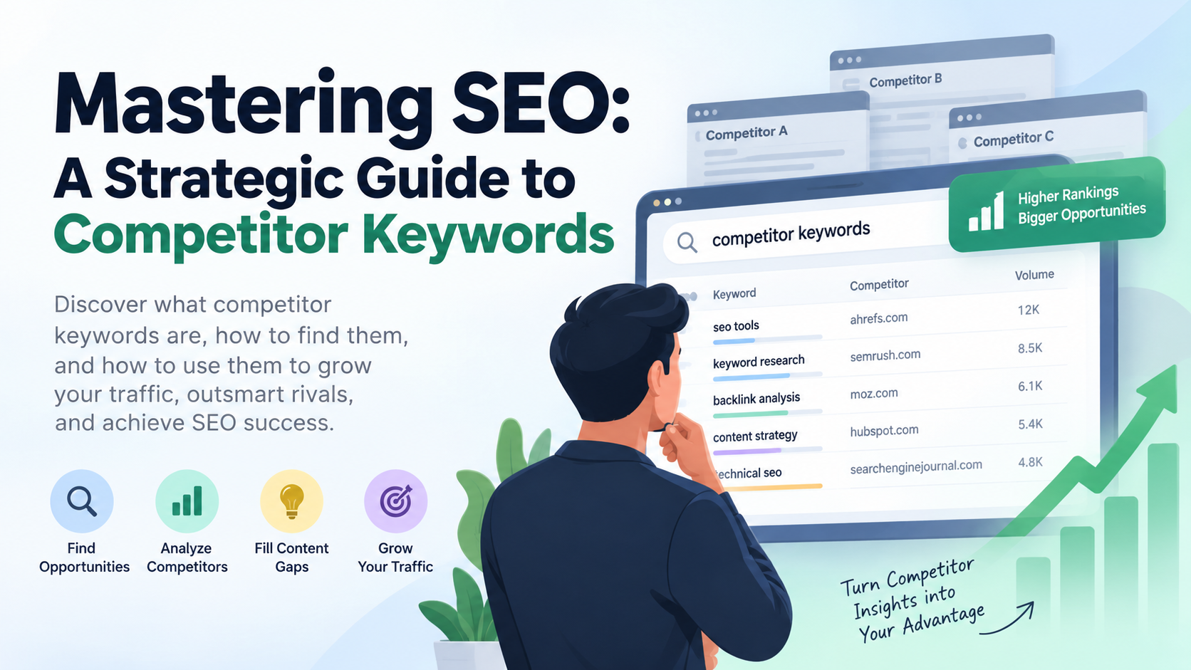 Competitor keyword analysis illustration showing SEO keyword research, competitor rankings, content gaps, and traffic growth.