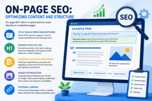 On-page SEO infographic illustrating title tags and meta descriptions, H1–H6 header structure, content quality, image optimization with descriptive alt text, and internal linking to improve website visibility and search engine rankings.