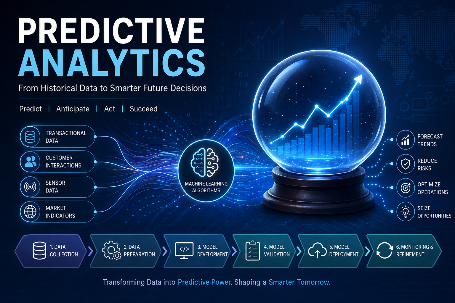 Predictive analytics infographic showing how machine learning algorithms transform historical data into future predictions, helping businesses forecast trends, reduce risks, optimize operations, and identify opportunities.