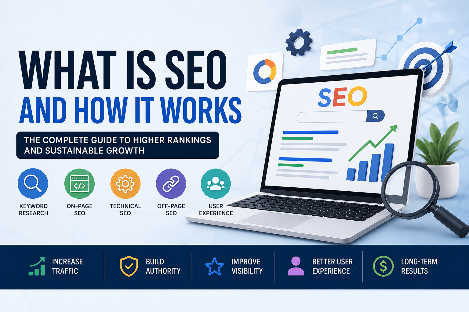 What Is SEO and How It Works – A guide to keyword research, on-page SEO, technical SEO, off-page SEO, and user experience.