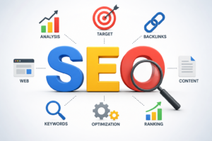 SEO illustration with large colorful SEO letters, magnifying glass, keywords, backlinks, content, website analysis, and search engine rankings.